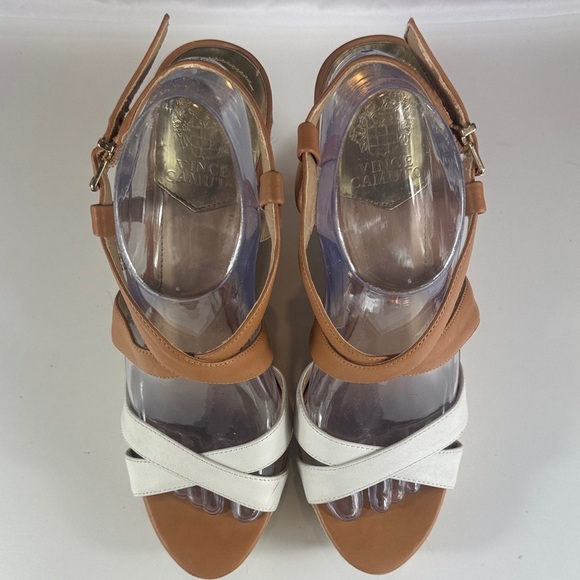 Vince Camuto High Heel Wedges Tan Camel White OpenToe Leather Summer Shoes - Picture 3 of 12